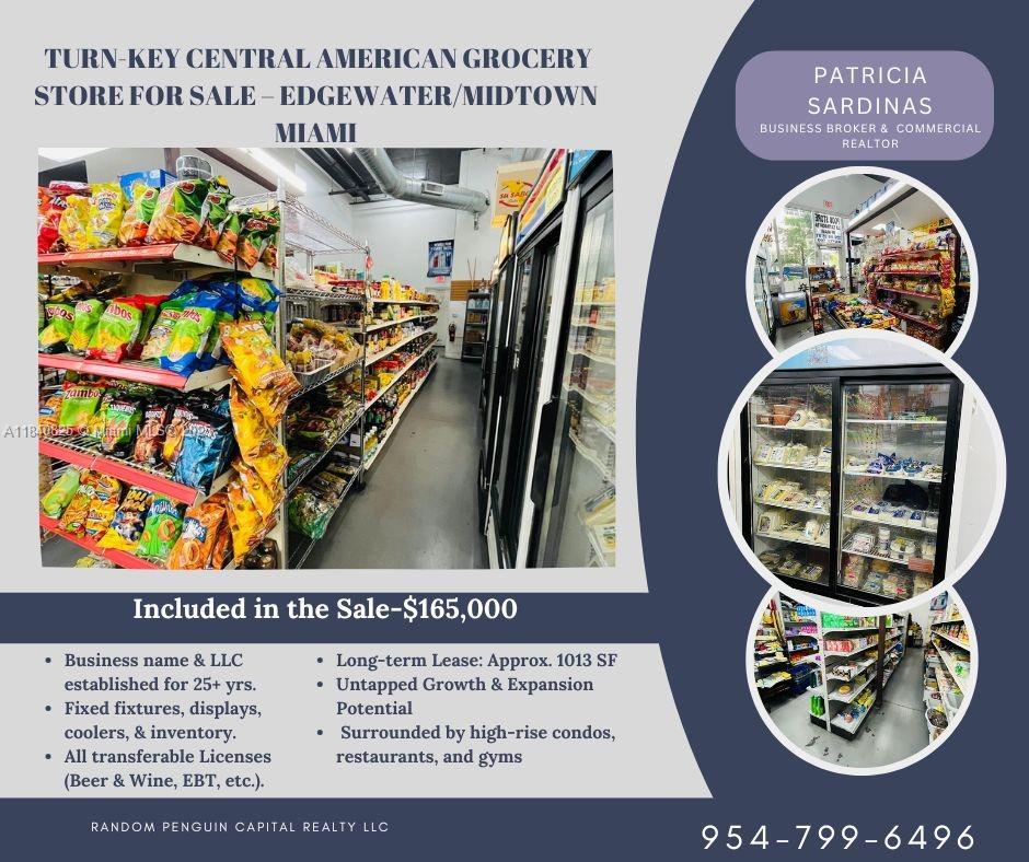 Turnkey Central American grocery store for sale in the heart of Edgewater / Midtown Miami! Located at the base of Second Plaza, a luxury high-rise residential building, this established market offers steady walk-in traffic and community loyalty. Business includes Beer & Wine license, EBT authorization, fixtures, inventory, and is being sold with the LLC and brand name.
No current online presence, delivery platforms, or remittance services – ideal for a new owner to scale quickly by adding Uber Eats, Instacart, Western Union, prepared foods, fresh produce, or cargo partnerships. Surrounded by booming residential growth, fitness centers, and restaurants. Heavy foot traffic, walkable location, and long lease available.
Financials available upon request with NDA.