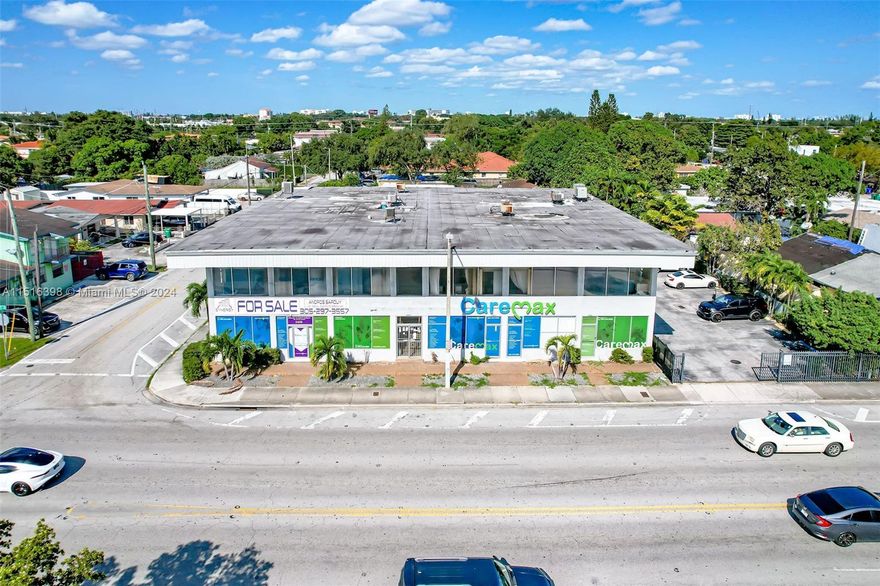 Nearly vacant freestanding medical & professional retail/office building for sale in City of Miami with 31 parking spaces! This corner property has 2 floors and 14,151 SF on a 19,110 SF lot. Building just received the 50 year recertification. 1st floor is +/- 6,500 sf of fully equipped and remodeled medical space, formerly occupied by Caremax. Owner currently occupies +/- 1,000 sf in the second floor which they need to lease back for a short term while they close out their business. New owner can occupy the entire first floor at closing and most of the second floor. T6-8-O zoning allows for 8 stories by right. Fully built out medical space includes Xray room, many patient offices with water/drainage, connections for dentist chairs, 4 bathrooms, 3 A/C units.