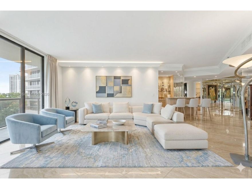 Over 2,000 sq ft of beautifully updated living space with a huge private patio and direct pool access! Enjoy a renovated kitchen, modern bathrooms, spacious living room with wet bar, and a separate dining area. The oversized primary suite fits a king bed, dresser, sofa, and includes a large walk-in closet. Located on Aventura’s scenic 3.5-mile trail, walkable to worship and the mall. Luxury amenities: 2 pools, gym, spa, tennis, squash, movie theater, café, salon & private restaurant.