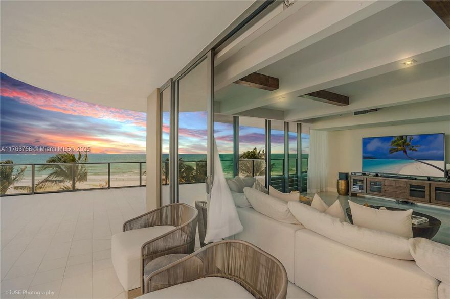 Discover this exclusive ocean-front gem with an exceptionally oversized terrace of 3,750 sq ft that wraps around the unit and offers incredible views of the ocean & the city. This one of a kind private terrace features a summer kitchen, a spa on a raised deck, and a shower. Moving onto the interior, you will find a very spacious living area, an opened concept gourmet kitchen with quartz countertops, a fully-equipped laundry room, floor to ceiling windows, 3 bedrooms, 3.5 bathrooms (master bathroom ftrs a smart-toilet), a private elevator foyer, 2 assigned parking spaces, a storage & more. Furniture and decor curated by a professional interior designer. Enjoy luxurious resort-style amenities: private beach, beach service, pet area, fitness, valet & more! Close to shopping and restaurants.