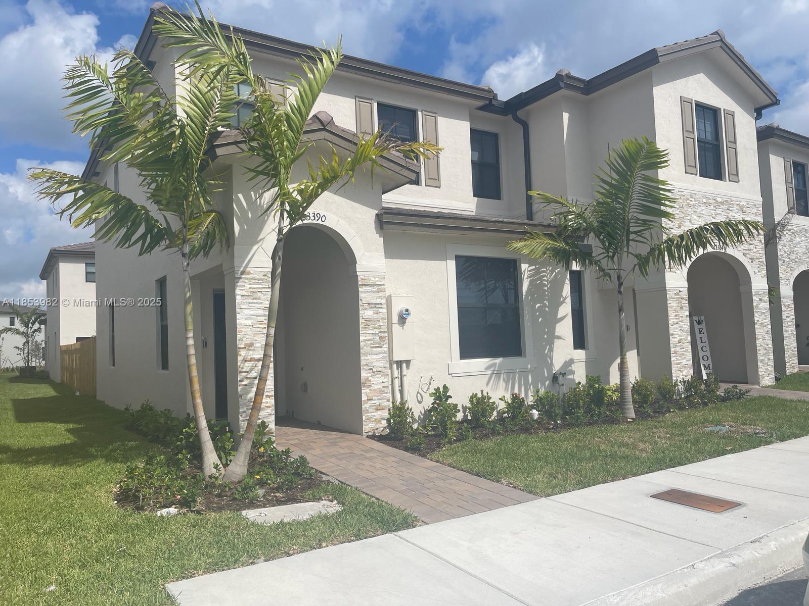 Brand new construction exquisite corner villa, Adora model in Siena Reserve by Lennar in Cutler Bay Area. Brightly lit unit, 3 bedrooms (1 bedroom & full bathroom on the first floor). Each room has walk-in closet and private bathroom with natural light and full accessories. Modern kitchen with stainless steel appliances and granite countertops. Ceramic first floor. Storage under stairs. Impact Windows. Zebra curtains all windows. Functional lamps. An upstairs washer (4.5CuFt) and dryer (7.4CuFt) with large capacity, electric water heater, Bluetooth activated locks and Ring!.Spacious backyard with pavers .No side neighbors. 2 parking spots front to unit.The property is located near Mall, supermarkets,restaurants and shopping centers. Close to US1 and Turnpike.Great oportunity.