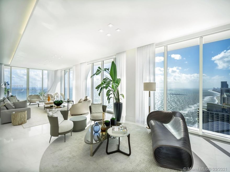 Enjoy 180 degree ocean and city views from this spectacular 5 bed, 6.5 bath corner unit in this breathtaking luxury tower by Pritzker prize-winning architects, Herzog & De Meuron. Featuring the highest quality finishes this 4,953 SF unit is move in ready, w/marble floorings throughout, built in closets, state of the art appliances and a smart home system. This unit has the ideal floor-plan w/a
expansive master suite, walk in closet and bathroom, 3 additional rooms w/ensuite bathrooms as well as a service quarters and laundry room, offering stunning views from each of it's 5 terraces, this iconic unit is definitely worth a visit. Take advantage of the resort like amenities found in the building including the famous Tata Harper spa, exceptional dining services,fitness facilities and
more.