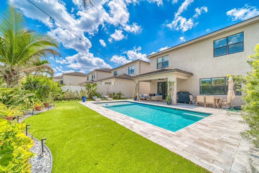 Refined, upgraded, and designed for everyday living. This 2020-built pool home in Silverleaf delivers a seamless blend of modern finishes and thoughtful enhancements. Featuring 3 bedrooms and 2.5 baths, the home opens to a light-filled layout with tile flooring on the first floor, elevated lighting, and a beautifully designed kitchen anchored by an oversized quartz island, custom backsplash, and crisp white cabinetry. Upstairs, the primary suite offers a private retreat with a custom barn door entry, dual vanities, soaking tub, and a fully upgraded walk-in shower—finished with updated fixtures for a clean, modern feel. Secondary bedrooms are connected by a Jack-and-Jill bath, with the convenience of upstairs laundry. Step outside to your own private setting—complete with a 14x28 pool, sun shelf, travertine decking, and an extended backyard enhanced with turf, curated landscaping, and improved drainage system for long-term function and ease. Interior accent walls and updated fixtures throughout add a layer of design and intention rarely found at this price point. Additional upgrades include a new A/C (2024) and enhanced front yard landscaping. Residents of Silverleaf enjoy access to community amenities including a pool, playground, dog park, and included cable/internet—all within proximity to A-rated schools