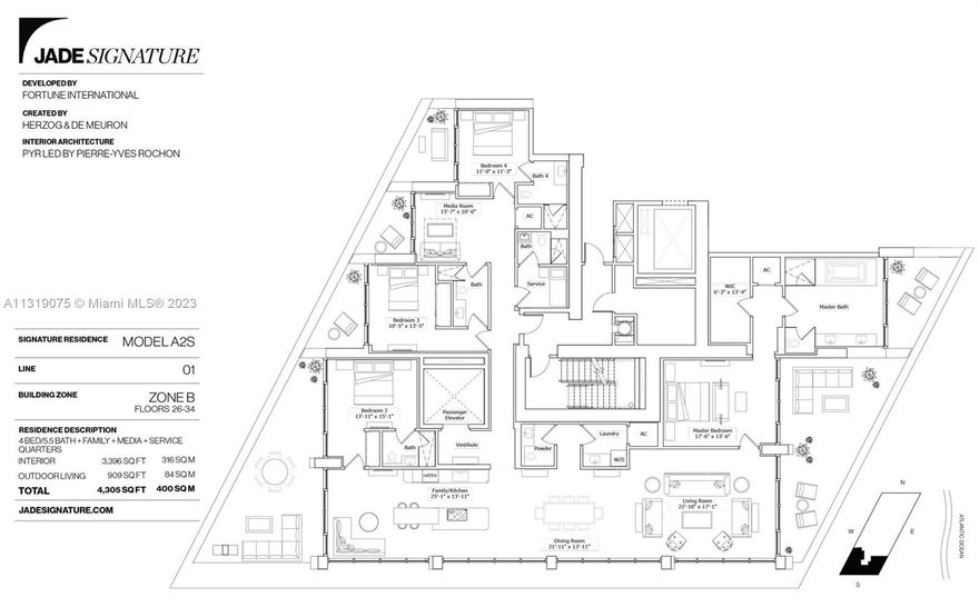 3,396 soft living area plus 909 sqft outdoor, total 4,305 square feet. The unit is being offered fully professionally decorated and furnished. 5 bedrooms + maid’s Quarters with stunning marble floors, automated curtains, finished closets. Balcony on each and every room.Designed by renowned architect, Herzog and de Meuron, Jade Signature is a work of art. Understated elegance in this move-in ready, never-lived-in residence at Sunny Isles’ most desirable building. The unit has a a private elevator entry, luxurious white marble floors, smart-home technology, exquisite designer cabinetry & appliances, stone countertops & fully built out closets. Qualified buyers only.