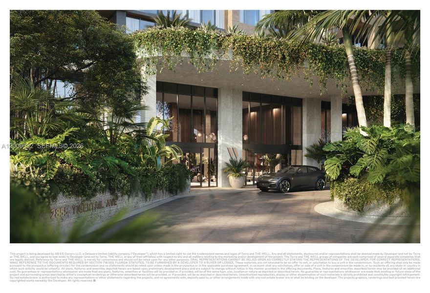 Back on the market! 4 bedrooms plus a den spacious corner 4 bedrooms at THE WELL Coconut Grove.  Under construction and scheduled for completion Q4 2028.  Most coveted corner with SW exposure and beautiful open views.  Over 50,000 sq ft of amenities including THE WELL, a members only club on the ground level.  Ownership comes with membership.  2 assigned, covered parking spaces and 3387 sq ft interior.  30,000 sq ft of rooftop amenities including 2 pools, a cafe, outdoor gym and pickleball.  Best location in the heart of Coconut Grove. Multiple wellness features with each residence including steam showers, filtered water and red light therapy.