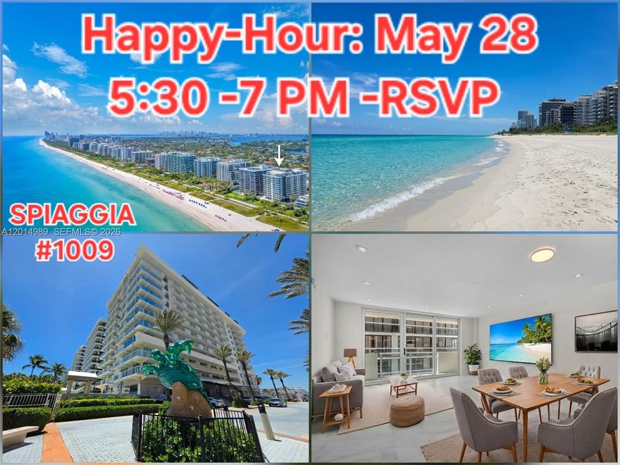 HAPPY-HOUR- MAY 28TH 5:30-7:00 PM. RSVP Stunning Fully Renovated Residence — move right in and start living the coastal dream! This beautiful state-of-the-art 2 bedrooms (1 bed+den with door)  at Spiaggia Ocean Condo is flooded with natural light and showcases breathtaking sunsets and partial ocean views. The open-concept living and dining areas flow effortlessly into a sleek kitchen with elegant marble countertops – perfect for relaxing and entertaining. Enjoy full resort-style living with 24/7 concierge, beach service, heated pool, state-of-the-art gym, and beautifully maintained outdoor areas. Building features secured lobby, doorman, and covered parking. Just one block from the world-renowned Bal Harbour Shops and moments from top dining, supermarkets. Zoned for some of Miami's best public schools. 

Don't miss your opportunity to own a turnkey, fully renovated residence in one of Surfside's most desirable addresses.