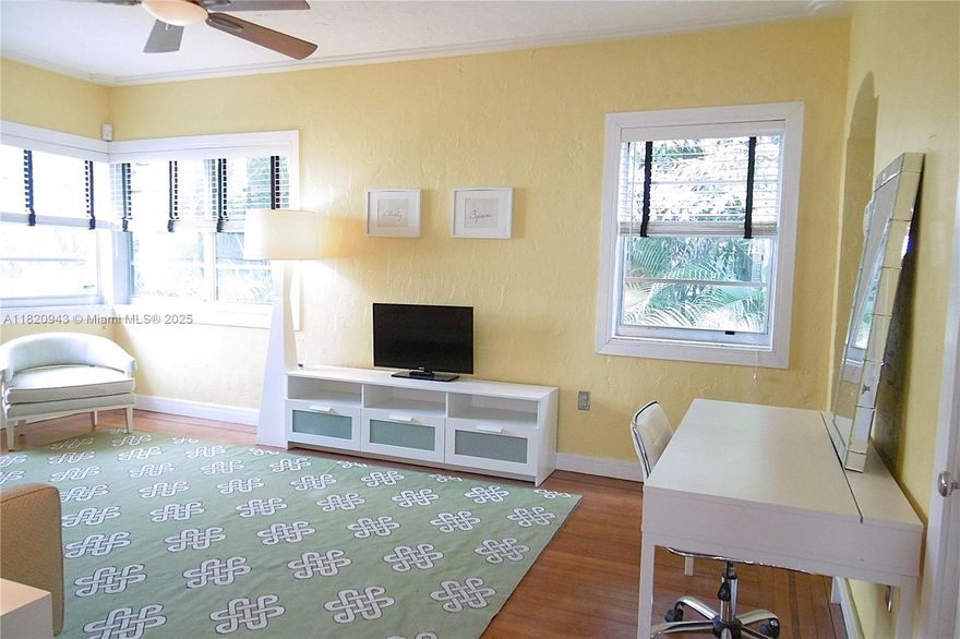 Don't miss out on an artfully designed 2nd fl. fully furnished large double corners 1bed unit in a Henry Hohauser Art Deco bldg. right in the center of South Beach. Open den,hardwood floor,historic Art Deco fireplace & moldings,kitchen gas-range & stainless steel microwave|dishwasher|refrigerator, all kitchenware & granite countertop,new washer|dryer,bath w/ shower-tub combo,central air conditioning,ceiling fans,shelved closet & flat-screen TV. Fenced in property with gate entrance & BBQ grilling garden area outback. Residential city street permit parking right out front. Short walk to beach & ocean,restaurants,Lincoln Rd.Mall shops,cinema,Flamingo Park|Sport|Pool|Tennis Center,public transportation|FREE trolley & so much more that South Beach has to offer.NO pet|short-term rental allowed!