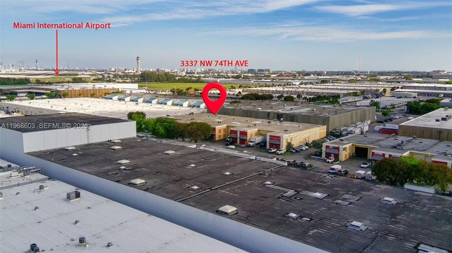 Rare opportunity in one of Miami's most strategic industrial corridors, minutes from Miami International Airport (MIA), Port of Miami, and major highways (Palmetto Expressway/SR 836, I-95, Florida's Turnpike, I-75).This versatile industrial/warehouse flex space offers ~4,300 sq ft usable area (city records 3,833 sq ft + grandfathered second-floor mezzanine for extra office, storage, or light manufacturing). Built in 1986 and fully updated, it blends robust warehouse features with modern comforts.Key highlights:Dock-high loading with automatic door for efficient truck access
Three-phase electricity – perfect for heavy machinery or high-power needs
Fully air-conditioned throughout
Insulated room for specialized/controlled storage
Twin T roof for durability & energy efficiency
18' ceiling height – ideal for racking or oversized equipment
Multiple offices (up to 6), separate bathrooms, assigned parking

Located in a well-established industrial park near MIA, it's primed for distribution, e-commerce fulfillment, light manufacturing, service businesses, or showroom/warehouse hybrids. The grandfathered mezzanine adds valuable space without permitting hassles.Don't miss this turnkey, high-clearance, power-ready unit in Miami's prime airport-adjacent market. Contact the listing broker today for a private tour, floor plans, or to explore how it can boost your operations!