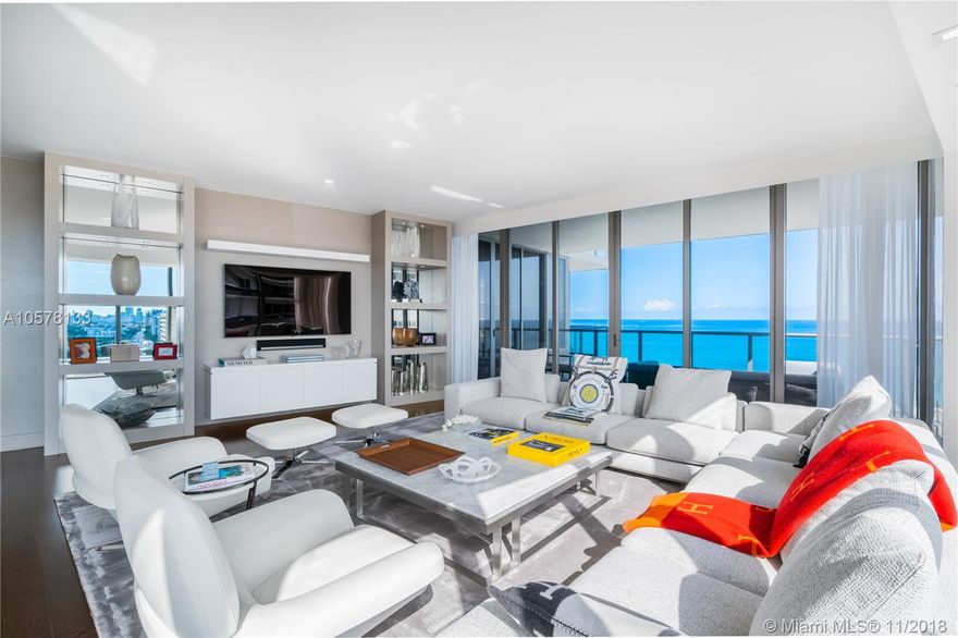 This flow-through residence at the St. Regis Bal Harbour offers 270 degree sweeping views of the Atlantic Ocean and Miami skyline from its floor-to-ceiling glass walls and extra deep terraces. It is the lowest priced south-facing unit, the building’s premier side. The unit features a fully equipped chef’s kitchen with wine storage & dual ovens, generous living areas with a separate family room, and Lutron shades and blackout curtains throughout. The St. Regis offers bespoke living at its finest, with 24 hour concierge, resident butler, four pools, private oceanfront cabanas, restaurants, beach-service, full service spa and separate residents amenities, all while being located directly across the street from the world-renowned Bal harbor Shops. Furniture is available separately.
