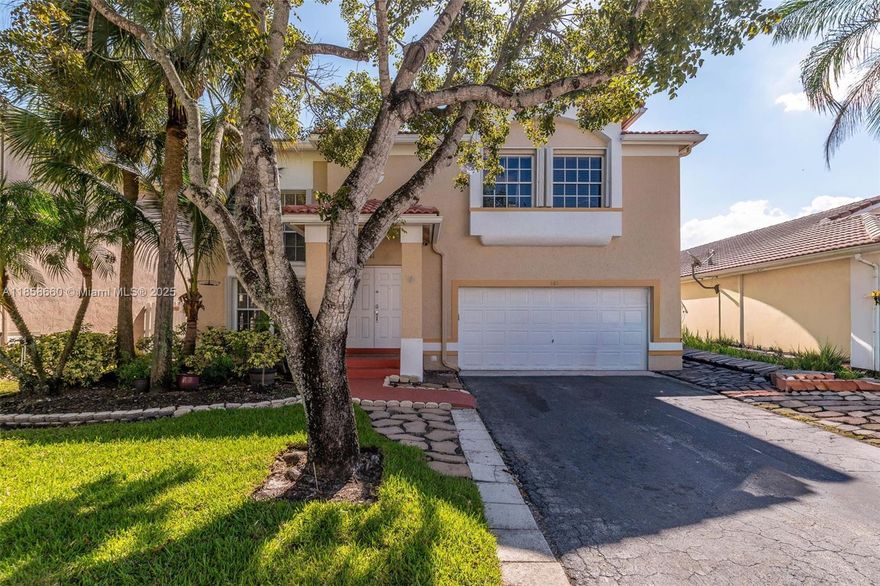 Beautiful Gem in Weston... Two-story home in the highly sought-after community of The Gables. This amazing five-bedroom, four-bath lakefront home is ready for new owners! The home just received a new plumbing upgrade ($25K), has been freshly painted, popcorn removed from the first floor, with living/dining areas featuring remote shades and high ceilings. The first floor bedroom, stairs, and second floor have wood floors. The house includes a built-in generator that can power the entire house during an outage and accordion shutters throughout. Enjoy the stunning covered and screened patio overlooking peaceful lake views. Neutral finishes throughout, house and fence freshly painted, roof just cleaned—it's a must-see! Amazing schools and friendly neighborhood!