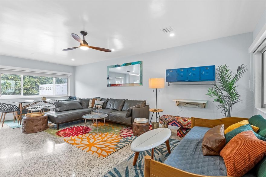 Fully remodeled mid-century modern 2 bed, 1 bath with beautiful terrazzo floors, brand new custom kitchen, new plumbing, recessed lighting, new AC w/ new ducts, complete set of blackout shades, & new S/S appliances. Walk 3 blocks to Singer Island's restaurants & shops or walk 5 short blocks to Sailfish Marina and catch a ferry to Peanut Island. A stand-up paddle board, bicycles, surf boards, & kayaks are included. The property has only 2 units, each with its own semi-private patio separated by a metal privacy fence. Washer & dryer available in outdoor closet accessible to all tenants. Furnishings in each unit include 2 queen beds, 1 L shape leather couch that sleeps 2 adults, a day bed and pullout twin trundle. Portable crib available upon request. Parking for 4. 1 RV or boat allowed
