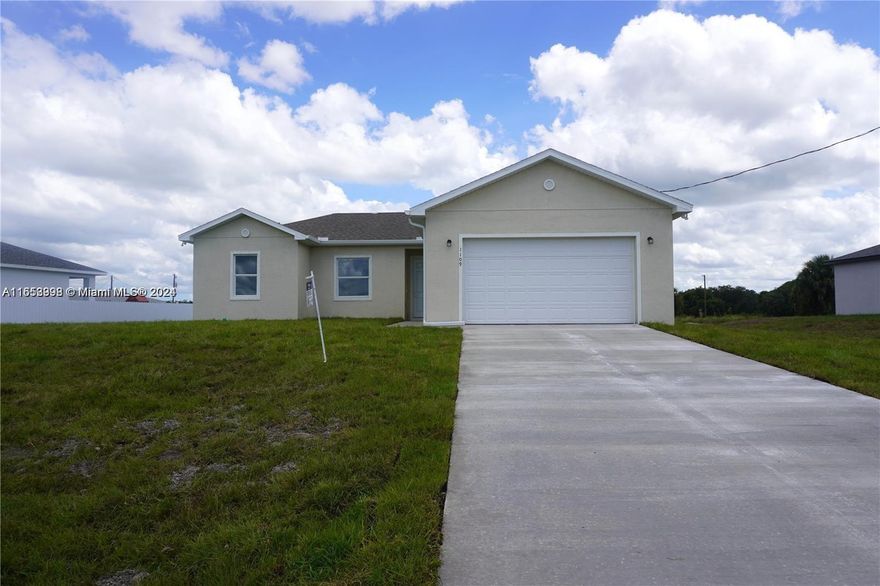 Spectacular brand new house! Single story family home located in a great community in Port LaBelle, Florida. 3 bedrooms, 2 full bathrooms, 2 car garage. Master suite with large walk-in closet, his and hers sinks, tiled shower, granite counters in bathrooms and kitchen, center island, energy efficient stainless steel appliance package. Approximately 1500 SQ FT under air, over 2100 SQ FT Total. Covered terrace, soft close cabinets, open floor plan, spacious living room, vaulted ceilings, bay for 4 cars, great backyard! Move-In Ready!