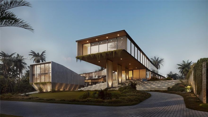 Opportunity to build your dream home on near 50,000 sq foot lot. Conceptual design by Thirlwall Architecture inspire your new luxury waterfront estate with direct Biscayne bay views. Building code allows new build size up to 39,200 sq foot home, with concept design showing extraordinary 21,000 sq foot residence with 10 beds + 12 bath, 2,000 sq ft gym/spa sanctuary with sauna, steam, cold plunge, treatment rooms. Suspended staircases, office suite, theatre, hair salon, games room. Detached guest suite, padel tennis court, glass-enclosed climate-controlled car gallery for 14+ cars. Sale includes 22,000 sq ft.² strip of mangrove forest. Conceptual design only not yet approved and buyer must complete plans, permits, and construction.