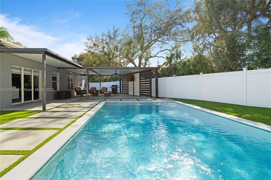 Welcome to Avalon, a secure, gated, family-friendly lakeside community in Miramar. This beautifully upgraded 3BR/2BA pool home offers the perfect blend of comfort and style. Enjoy a bright open layout with a custom kitchen featuring quartz waterfall countertops and stainless steel appliances. Step outside to your private backyard oasis with an oversized pool, artificial turf, and a pergola with built-in TV—ideal for family gatherings and weekend fun. The spacious primary suite includes dual sinks, Roman tub, glass shower, and walk-in closet. Also features a laundry room, 2-car garage, and extended driveway. Community offers 24/7 security, pool, playground, sports courts, and walking trails. Near A-rated schools, parks, shopping, and highways.