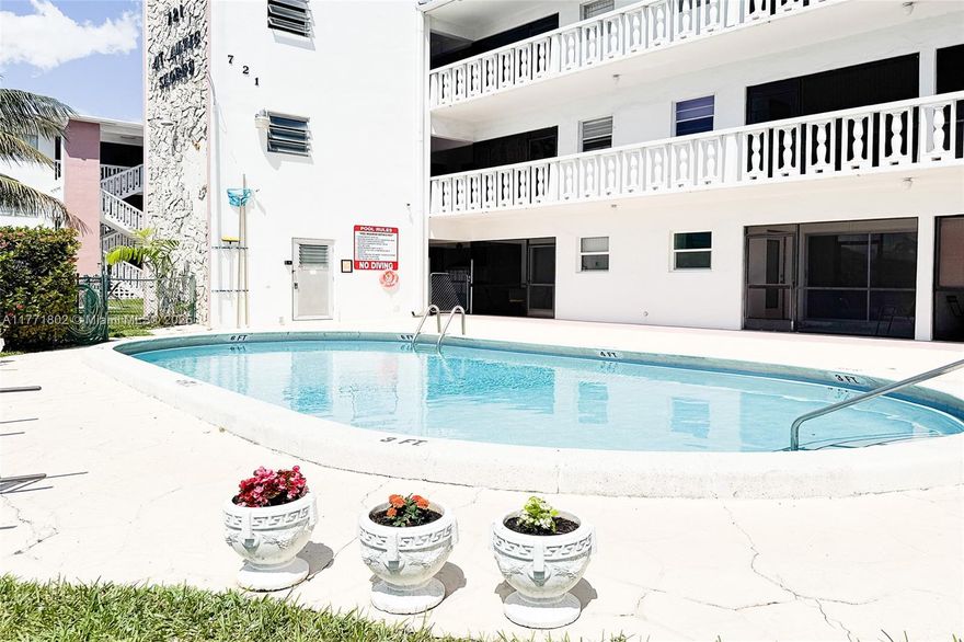 Fantastic opportunity to own this spacious third-floor unit in a desirable 55+ community! Featuring an open kitchen and a generously sized screened porch—ideal for relaxing or entertaining. Located within walking distance to shops, restaurants, banks, and casinos, with transportation provided by the City of Hallandale Beach. Close to beautiful beaches, Gulfstream Park, golf courses, Downtown Hollywood, Hollywood Boardwalk, marinas, Aventura Mall, and a wide range of dining and shopping options. Conveniently situated between Miami and Fort Lauderdale airports.