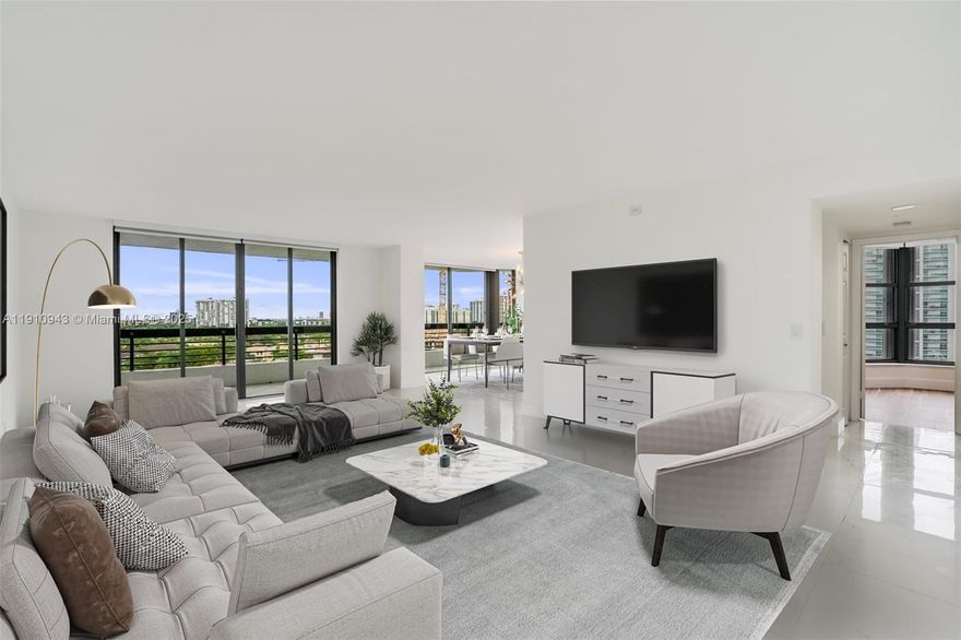 Welcome to your stunning condo at Mystic Pointe in Aventura! This large corner unit boasts 1,464 sq ft of bright, natural light, featuring 2 beds, 2 baths plus Den, updated porcelain flooring in living areas, privacy shades throughout, blackout shades in bedrooms & a versatile den/dining area w. views of the Intracoastal. Enjoy breathtaking water views from your private balcony & a spacious kitchen w. breakfast nook. Primary bedroom has an ensuite bathroom w. a separate shower & tub, walk-in custom closets. Floor plan includes a 2nd bedroom w. a custom closet & an in-unit washer/dryer. Amenities include fitness center, heated pool, library, tennis/pickleball/basketball courts. Situated on the Intracoastal Waterway & just a 10-minute drive to the beach & less than a mile from Aventura Mall.