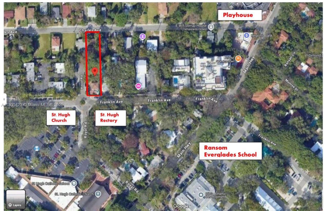 Almost 13,000 square feet of prime land in a prime downtown Coconut Grove location. From the corner of Franklin + Royal Road, this unique property spans through to Charles Av. Nestled between St. Hugh Church--Coconut Grove Playhouse--and Ransom Everglades. With 2 folios, this presents a rare opportunity to develop an architectural masterpiece with lush landscaping, yet only a 2-minute walk to the Playhouse; or develop two luxury homes. 258' deep x 50' wide over 2 Folios. Franklin contains a duplex with month-to-month tenants paying a total of $4,000/month. Charles Av has a 6-Bedroom, 3 bath home rented at $3,000/month, also month-to-month. Collect rent while you design a generational home. **Several luxury homes are currently being developed on Charles**