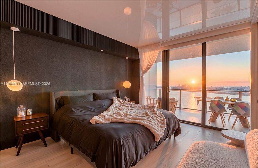 Beautifully redesigned with a refined, modern aesthetic, this professionally curated residence showcases distinctive luxury finishes best experienced in person. Enjoy sweeping panoramic views of Biscayne Bay, the Atlantic Ocean, and the Edgewater skyline from an oversized balcony . Thoughtful upgrades include custom lighting, reflective ceilings, striking 3D ribbed accent walls, textured Italian wallpaper, bespoke closets, ceramic oak flooring, and one assigned parking space. Resort-style amenities span a two-acre pool deck with a striking 100’ round pool, spas, tennis courts, and a state-of-the-art fitness center. Social and lifestyle spaces include club rooms, indoor and outdoor kitchens, cigar and wine rooms, game rooms, bowling alleys, and more.