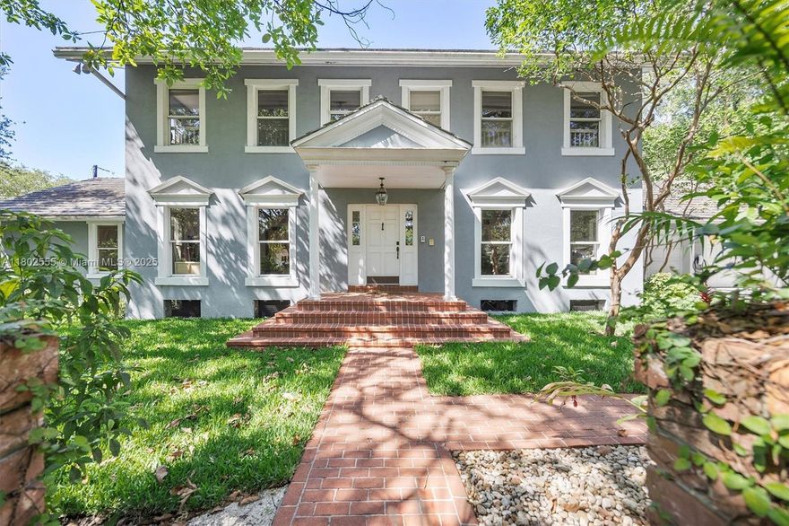 Charming 5 Bedrooms, two-story home on whimsical tree-lined quiet street in South Gables’ prestigious Platinum Triangle. Custom-built in 1990, 11652 SF lot, it features formal living & dining rooms, high ceilings, crown/chair rail moldings, and beautiful wood floors. The spacious family room opens to an oversized kitchen with center island, breakfast nook & ample storage. One bedroom and bath are located downstairs, plus another room ideal for a 6th bedroom or game room. Upstairs, the generous primary suite includes 2 walk-in closets and a large bath. 3 additional bedrooms and one bath complete the second floor. Enjoy the screened porch, laundry room, 2-car garage, and location in the sought-after Sunset Elementary school district. Sun-filled  garden with Room for a pool & outdoor kitchen.