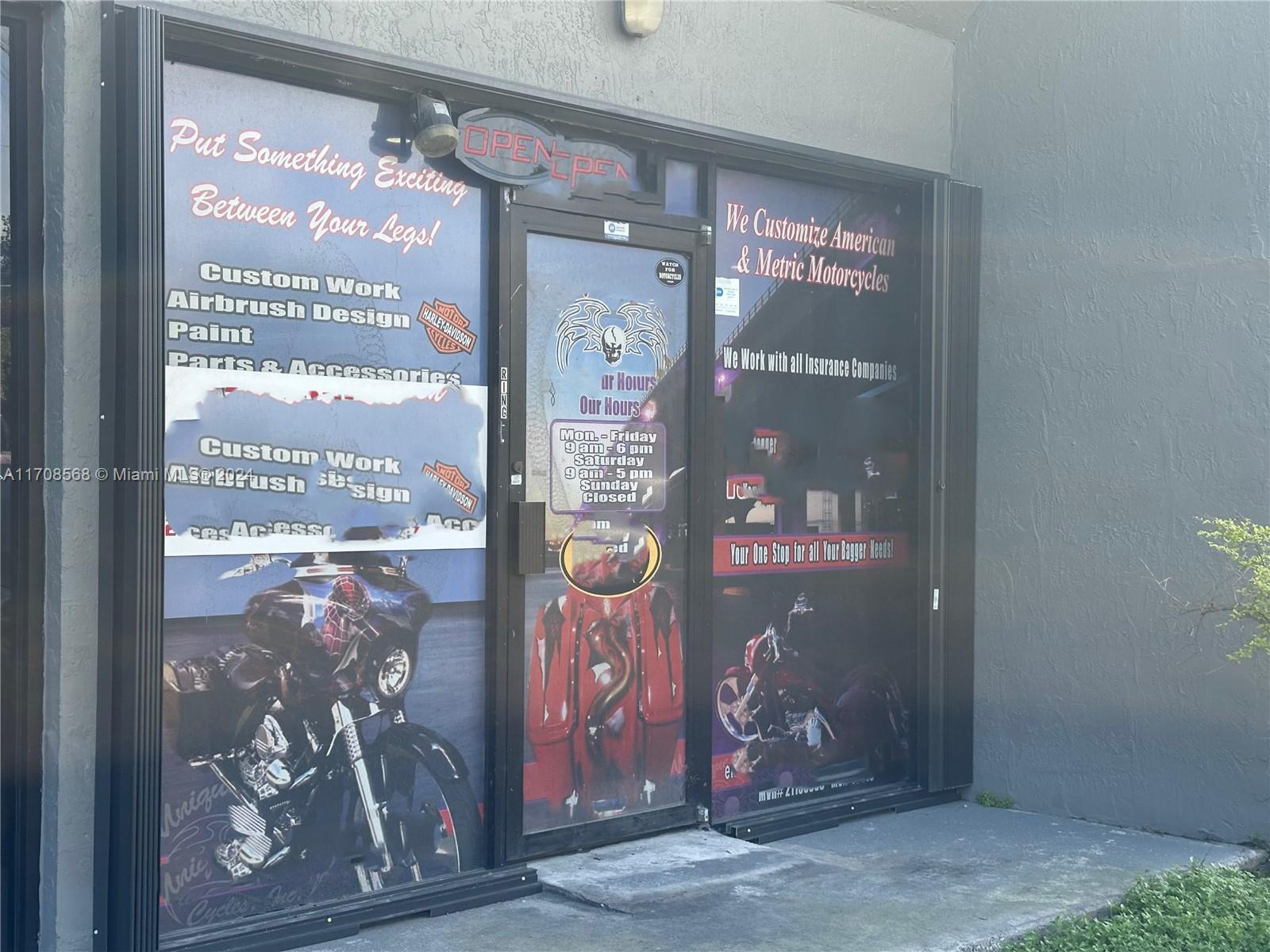 BUSINESS OPPORTUNITY ONLY. Automotive & motorcycle repair, customizing, and parts and accessories sales. Store front and warehouse with office combination. A/C in store, office and work area. No A/C in warehouse. Overhang door is 12 ft high x 10f ft wide. Entry by the store front and back of warehouse. Established in 1988 with loyal clients. Located near Tamiami Executive Airport, high traffic streets and 874 Highway. Permits and licenses are up to date. Equipment/machinery are included. 1 car lift and 4 motorcycle lifts. Inventory lists available upon request. Exterior shutters and bars. A fully ready business dream come true.