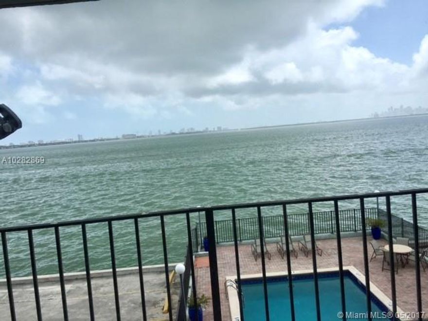 Gorgeous 2/2 direct view of Biscayne Bay, Miami Beach, and Downtown Miami skyline, and Pool. Upgraded Kitchen granite counter tops, SS appliances, Bathrooms upgraded with beautiful cabinetry. Lots of closet space, 2 covered garage parking spaces, storm shutters, and swimming pool on the bay.
