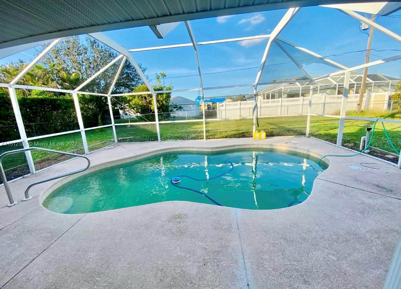Single Family home of 3 bedrooms and 2 bathrooms + 2 car garage. Large yard, terrace & pool. No Association. Located in a lovely neighborhood in Cape Coral, FL. Easy to show!