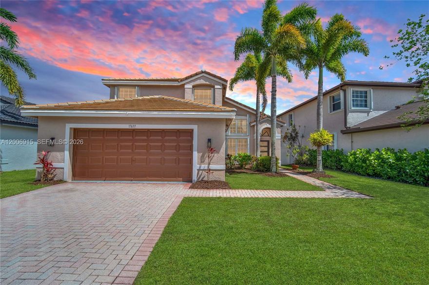 Spacious home featuring high ceilings in the family and dining areas, creating an open and airy atmosphere filled with natural light. The functional layout offers a comfortable flow, ideal for both everyday living and relaxed entertaining. A convenient bedroom and full bathroom on the first floor provides flexibility for guests, multi-generational living, or a private home office. This residence includes valuable updates such as a newer roof, hurricane shutters, and updated plumbing (repiped), providing added peace of mind for the next owner. In addition, the front entry door, back sliding glass doors, and garage door are all impact-rated, offering enhanced protection and energy efficiency.
Residents enjoy access to community amenities including a swimming pool, playground, and scenic walking and jogging trails, supporting an active and enjoyable lifestyle.
Ideally located in West Miramar with convenient access to major highways, shopping, dining, parks, and everyday essentials—offering the perfect blend of comfort, convenience, and community living.