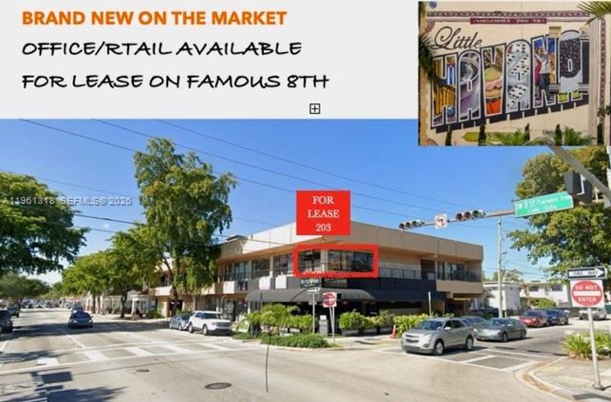 Corner Suite 203 offers approximately 700 RSF and features an open, flexible layout filled with abundant natural light from its corner windows, providing excellent visibility along renowned 8th Street. The space is finished with porcelain floors throughout, enhancing its modern and professional appeal. The unit includes a private in-suite restroom for added convenience.
This highly versatile unit is well-suited for retail, office, professional, and service providers, making it an excellent opportunity for tenants seeking strong street presence, functionality, and flexibility in a prime location.
• Monthly Rent: $2,600
• Additional Expenses: Electricity and Data/Telephone only
• HVAC System: Individual in-unit system allowing 24/7 operation and full temperature control
• BUILDING FRONTAGE SW 8TH STREET.
• EASY TO SHOW!