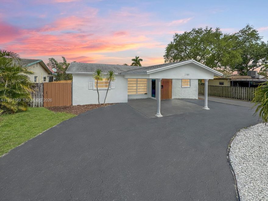 This single family home is located in the Hollywood Hills area and has 3 bedrooms and 2 bathrooms, along with an additional enclosed room that may be used as a 4th bedroom, office, or flex space. The home has been fully remolded and updated with a new kitchen featuring white cabinetry, gold tone hardware, stainless steel appliances, and a large island. Interior features include new wood style laminate flooring, updated bathrooms, and fresh interior and exterior paint. French doors lead to the patio and pool area, creating a bright and open connection to the outdoor space. The pool has been resurfaced and the pool deck has been updated, for a great backyard to enjoy. Additional features include a new washer and dryer and a circular driveway. All bedrooms, including the primary bedroom have direct patio and pool access with access to the backyard, a walk in closet, and an updated bathroom that will leave you feeling like you are at the spa. No HOA and convenient access to shopping, dining, parks, and is approximately six miles from Hollywood Beach.