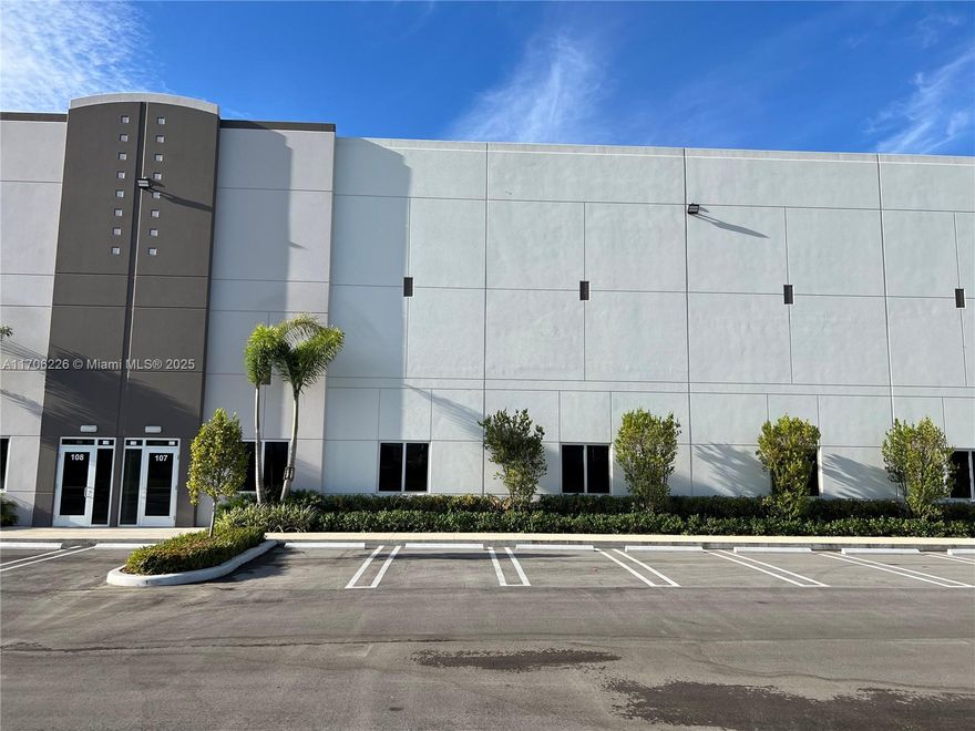 Built in 2022 warehouse, 30' Clear Ceiling Height. 11,007 SF total Area: 7,047 SF of Warehouse Area + 1,980 SF of Office Area + 1,980 SF of Mezzanine. 30' ceiling height offers add'l storage space. ESFR fire sprinkler system, concrete tilt wall panels, & steel joist roof system. Three (3) 9'x10' overhead doors-dock height. 12 assigned parking spaces. 277/480 Volt & 120/208 Volt. Excellent location on the industrial developing triangle of FL Turnpike, US 27-Okeechobee Rd, & I-75 to 826-Palmetto Expy, w/ immediate access to all these expressways. 2 contiguous units for sale separate or together: Units 106 & 107 would total 22,014 SF. See Unit #106 at MLS# A11706223. #107 is Tenant Occupied  to 12/31/2025. Great opportunity for investors willing to keep a great tenant. See attach add'l Info.