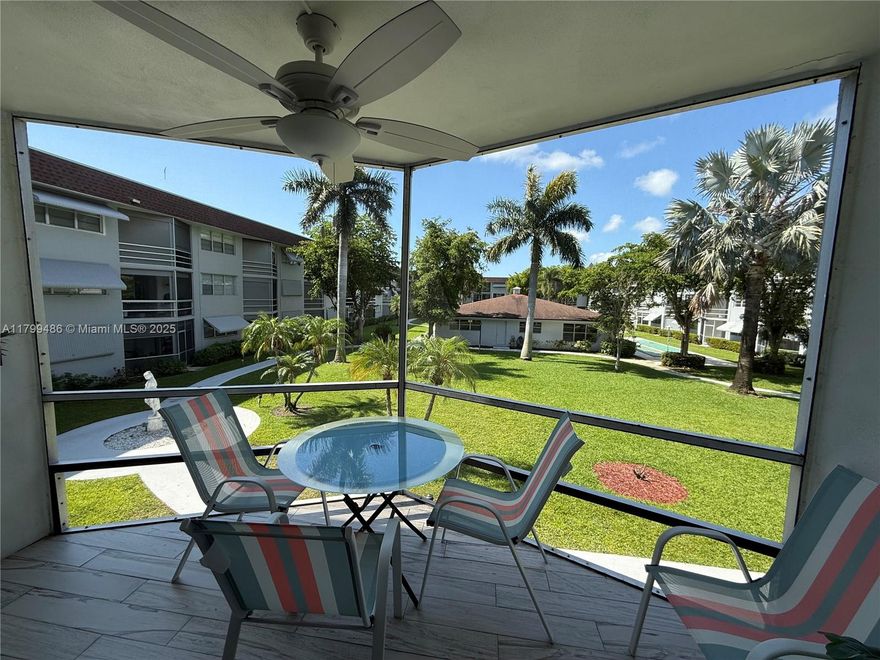 BEAUTIFUL TURN-KEY FURNISHED 2 beds/2 baths located on the second floor of this all-age community. Open kitchen concept and equipped with a dishwasher. Beautiful hurricane impact frosted doors with all windows recently replaced! Impact sliding door that leads into the screened-in Florida room that has a garden/clubhouse view. Immense primary bedroom that accommodates two beds. Both bedrooms have huge walk-in closets! 
Parking spot is right in front of entrance door, spot #13. Unit comes with additional locker.
RENTALS: Can rent right away, once a year and for up to 6 months maximum.