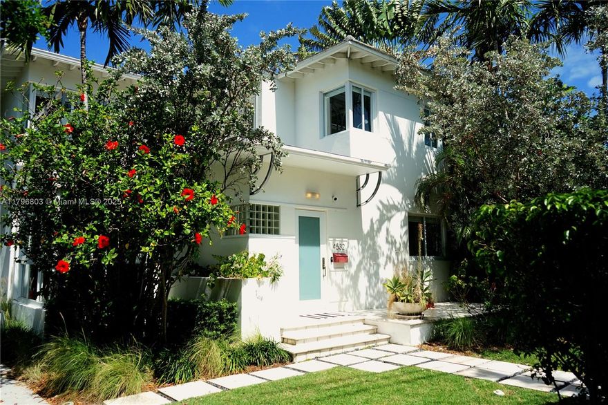 Renovated Art Deco gem in the heart of Miami Beach. This private two-story villa with detached cottage was originally designed by famed architect L. Murray Dixon. Modern, daylight-filled interiors incorporate vintage Deco flourishes, including terrazzo & wood floors and curved metal stair rail. Features a chef’s kitchen w/ custom cabinets and Bosch appliances. Open floorplan, large impact glass windows & sliding doors, ample closets and full-size washer/dryer make this a perfect house. Both the primary and secondary bedrooms on the 2nd floor have adjacent porches. Enjoy private outdoor entertaining in a tropical landscape with plenty of space for lounging poolside. Cottage has an office/den facing the pool and large bedroom, bathroom. As per seller SF is 3,297 total.