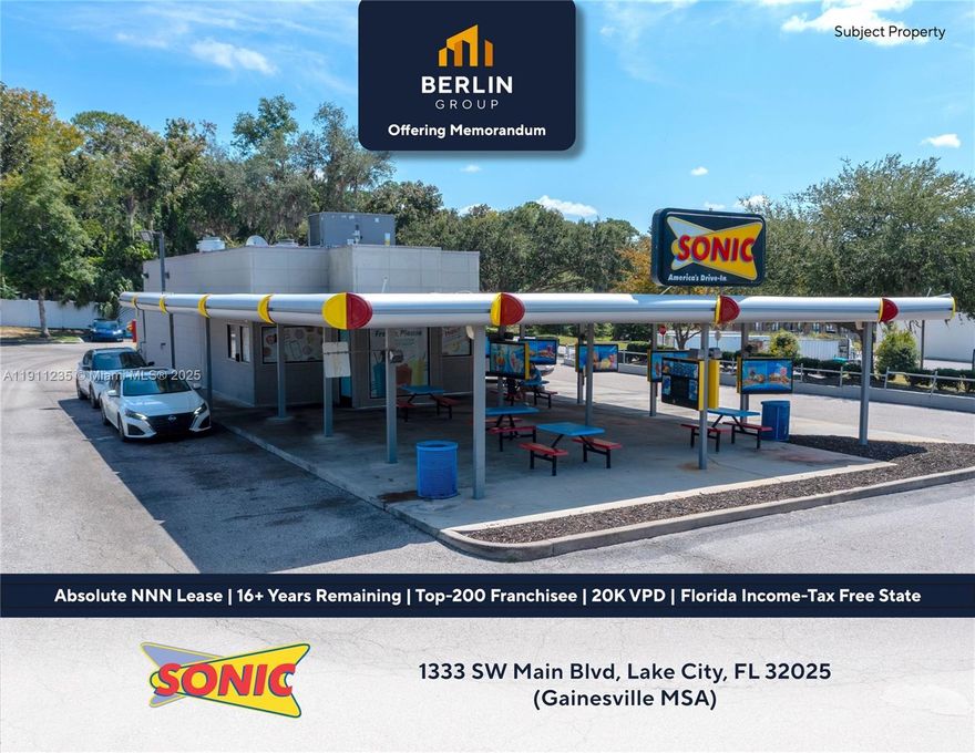 Berlin Group is pleased to present this Sonic-leased property in Lake City, comprising approx. 1,412 square feet with a drive-thru lane and multiple covered carhop stalls. The property benefits from prime frontage along SW Main Boulevard, the market’s main commercial corridor with excellent visibility and traffic counts of roughly 20,000 vehicles per day.

This Sonic has over 16 years remaining on an Absolute NNN lease with a top-200 franchisee, one of the brand’s most successful operators, providing investors with long-term, stable cash flow and truly passive ownership. The current annual rent is approx. $130K and is scheduled to increase by 7% in January 2027 followed by subsequent increases every five years.