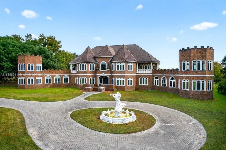 YOUR DREAM HOME AWAITS YOU!! GATED, long driveway with Oak trees, just under 5 acres this all brick 5 bedroom, 5 full bath, 3 balconies. Master Bath with garden tub overlooking backyard,  5 car garage, an in ground pool. Arched doorways and generous sized rooms. 2 Towers with upper and lower levels, private gym area, intricate wood detailing through-out, tray ceilings in dinig room wood fireplace, kitchen island. 3 wells, 3 Hot Water Tanks, 2 Electrical panels, 4 AC units and 2 fountains in the backyard and 1 fountain in the front yard. Property is being sold ''As-Is'' with the right to inspect. 12 plus rooms private offices or leisure areas. Seller will make no repairs. seller will not pay for or provide survey.