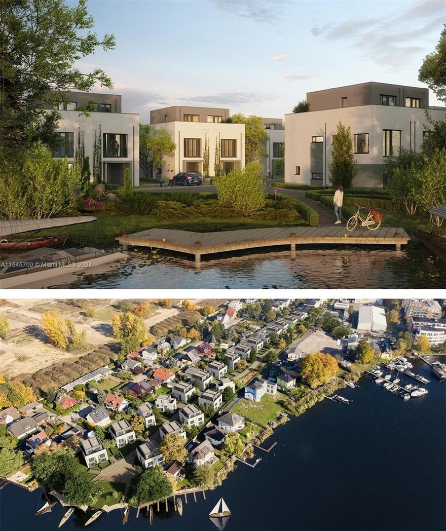 32 semi-detached T'houses & 4 single family homes offered, in SE Berlin-Kopenick. WATER GARDENS WENDENSCHLOSS have their own jetty, sailing, boat rentals! Moor your boat almost directly on your own doorstep. Transportation nearby. Houses with garden and 3 terraces on the staggered floor. Add'l parking spaces, electric charging stations and bike racks are planned. Ceiling heights of up to 2.80 meters. Floor-to-ceiling windows and French doors with anthracite-colored, electric external blinds. Villeroy & Boch products. Each room is supplied with heat by underfloor heating each bathroom also has a modern towel radiator. On the ground floor is  a utility room, where the heating and hot water tank are also located. Completion dated 2026.