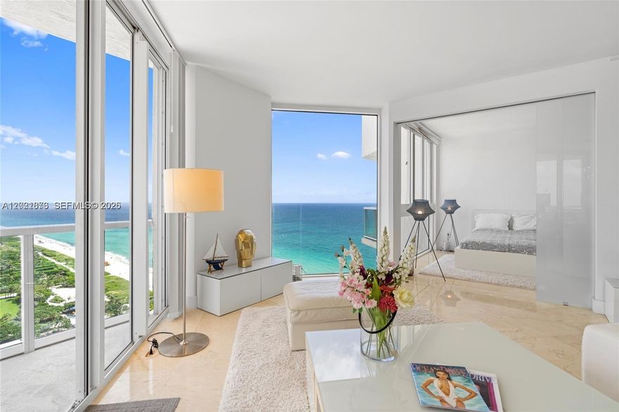 This penthouse condo sits steps from the beach, boardwalk, and the stunning Ocean Terrace Park. Breathtaking 180° Miami Beach views. 2 bedrooms and 2 ensuite baths plus a large balcony perfect for enjoying sunrises, sunsets, and the ocean breeze. PH level, high ceilings, picture window, and water views from every room. Amenities include a front desk attendant, covered parking, fitness center, an ocean-view pool, jacuzzi, and BBQ area. Walk to beach service, a renowned wellness center and spa, boardwalk, groceries, boutique shopping, salons, cafes, restaurants, and multiple parks offering tennis, volleyball, beach paddle, and more.