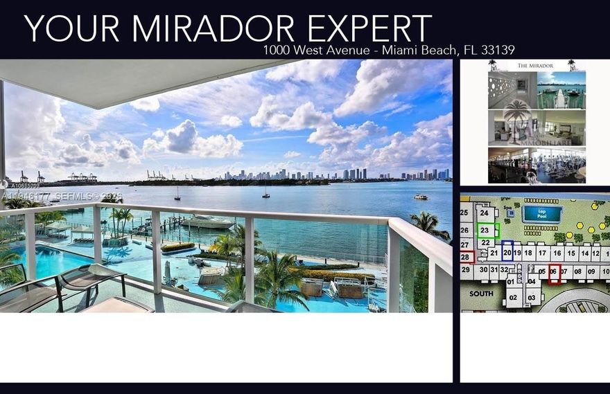 Large remodeled studio at the Mirador 1000. High floor with nice city and partial ocean views in this full service condominium; gorgeous pool deck with jacuzzi right on the bay and a 5000 sqft gym/fitness center. Centrally located on the West Avenue corridor. Literally across the street from Whole Foods and just blocks to Lincoln Rd and the beach. Cable & Internet included in the HOA fee. Great as a comfortable pied-a-terre in Miami Beach or as an investment property that always rents quickly.