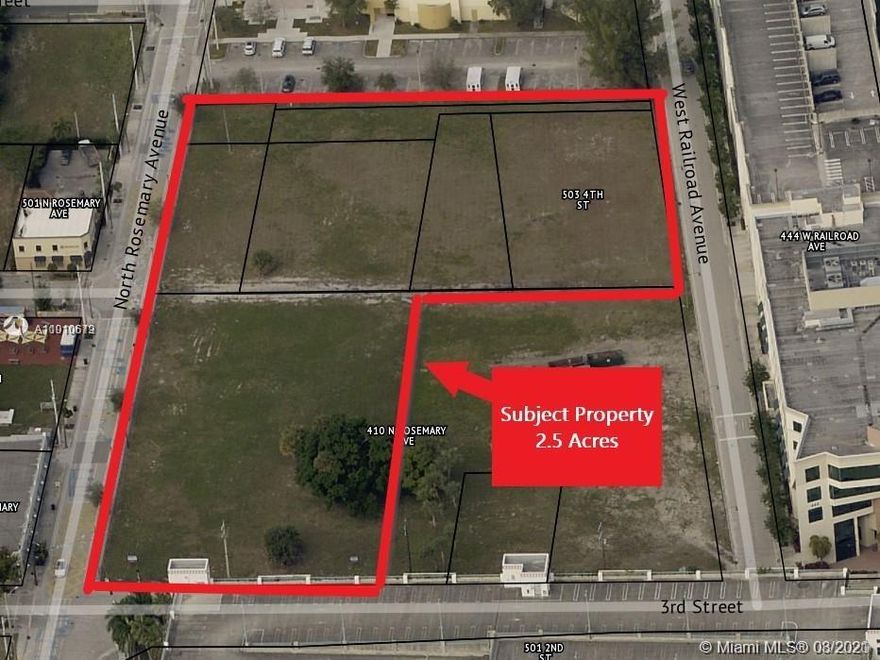 **MOTIVATED SELLER** EXCELLENT INVESTMENT OPPORTUNITY TO BUY LAND WITH RESIDENTIAL AND COMMERCIAL ZONING. The lot consists of 7 parcels assembled totaling 2.5 acres, located one block from FEDERAL COURT, and a few blocks from the new BRIGHTLINE train station and CITY PLACE. This is the only land of this magnitude available in the area, not only because of the size of the lot but also because of the income that the location can generate. Zoning allows up to 8 stories high. Ideal to develop a residential/commercial or mixed-use. The front of the lot on Rosemary Avenue is 515 feet and the depth is up to 307, on the corner of 3rd street. Includes submitted architectural plans.