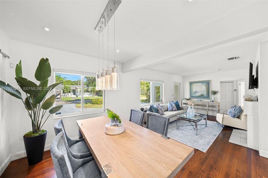 Welcome to the Sunshine Abode, a beautifully updated 3bd/1ba located on an adorable Miami Shores cul-de-sac. Brimming with curb appeal, this lovely home flows east to west with two bedrooms and bathroom on the east and converted, step-down 3rd bedroom on the west. The 3rd bedroom could serve as an oversized primary suite, TV room, office or gym. Plenty of room to add a second bath. The lush and ultra private backyard features a fence, large patio, newer shed and healthy & abundant avocado tree. Magical outdoor lighting creates an enchanting evening atmosphere. Room for a pool. Beautifully remodeled bath, kitchen and impact windows throughout. Ample parking in the circular front driveway. Easy to show!