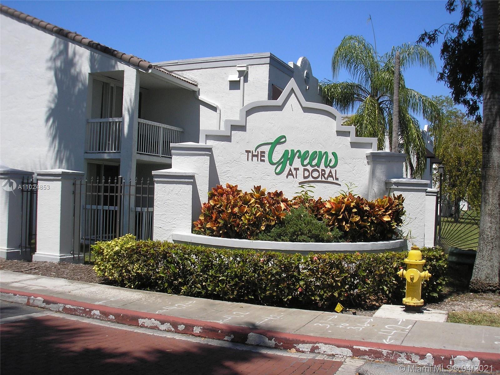 Spacious 1349sf, 2/2 unit in The Greens at Doral. Large living room leading to balcony overlooking the beautiful community pools. Tile floors, unit is 2 stories on the 2nd and 3rd floor, high ceiling, bright and light. Washer/Dryer inside with ample storage. Gated community with security at the entry, community pools, tennis courts and club house. There is a current special assessment for new roof, landscape and exterior paint that has been done recently. This unit has been well maintained with updates. Desirable location!