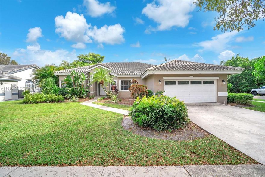 Gorgeous 4/2.5 corner home in the heart of Cooper City! Within walking distance to Cooper City highschool. Mexican tile throughout, wood laminate in bedrooms, split bedroom floorplan, updated kitchen with granite counters. Roof 10 yrs old. Accordion shutters through-out for full hurricane protection. Located in the Stirling Village neighborhood with no HOA. Lushly landscaped corner lot that backs up to private road. Located in an A-Rated school district! Vacant and easy to show.