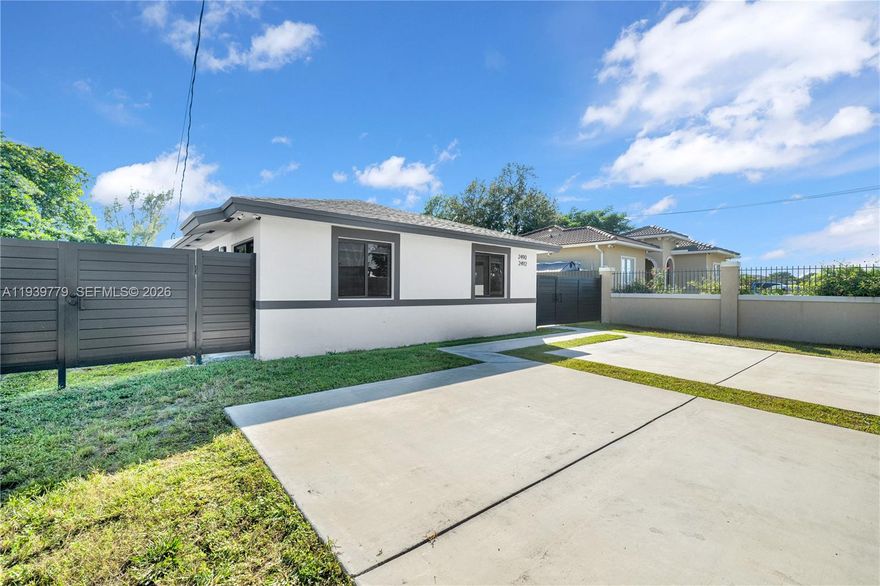 Exceptional investment opportunity! This modern 2022-built duplex offers two spacious units, each featuring 3 bedrooms and 2 bathrooms with high-quality porcelain flooring throughout. Built with solid CBS construction, impact windows and doors, and a shingle roof for durability and peace of mind. Each unit is separately metered and currently vacant, allowing immediate market rent potential of approximately $3,500 per unit. Situated on a large lot with ample parking for up to 4 vehicles. No HOA, no rental restrictions, and located in a high-demand Miami area close to major highways, Downtown Miami, Wynwood, Miami International Airport, and public transportation. Ideal for investors seeking strong cash flow or owner-occupants looking to offset their mortgage. Easy to show—don’t miss this turnkey income-producing property!