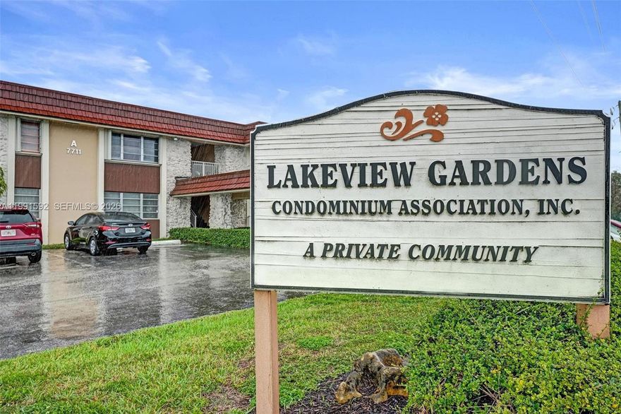 Comfortable one bedroom, one bath condo apartment in desirable Lakeview Gardens features brand new porcelain floors throughout, new stainless steel kitchen appliances and countertops, and a gorgeous new bathroom with large vanity and shower. The spacious bedroom has a large closet with an airy balcony. Impact rated window, balcony sliders and entrance doors. New HVAC too. This move-in ready 2nd floor walk-up apartment has one assigned parking space situated right by the entrance, and community amenities that include pool and tennis are conveniently close by. Lakeview is a highly desirable, centrally located community with easy access to major crossroads and highways, close to shopping, dining, houses of worship and more. Great opportunity to live in the middle of town! No pets per condo regulations.