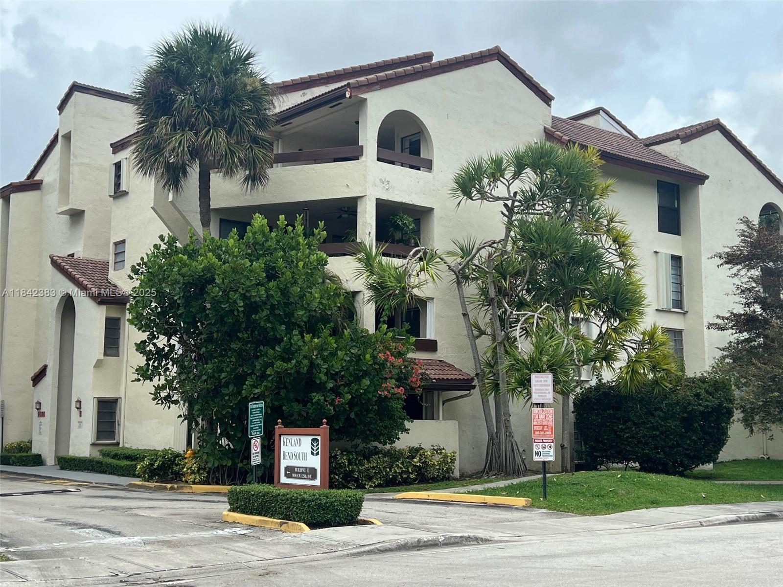 Welcome to this spacious 2-bedroom, 2-bath condo located on the 4th floor of the highly sought-after Kenland Bend South community. This bright &airy unit features a large private balcony, perfect for relaxing or entertaining, & is equipped with accordion hurricane shutters for peace of mind. Enjoy the convenience of in-unit laundry, generous walk-in closets, & additional private storage. The layout offers comfortable living with ample natural light. Community amenities include a clubhouse, sparkling pool, & elevator access. You'll love the ample parking & unbeatable location just minutes from top-rated schools, shopping centers, restaurants, movie theaters, public transportation, & with direct access to the Turnpike Expressway. The seller does not accept blind offers or escalation clauses.