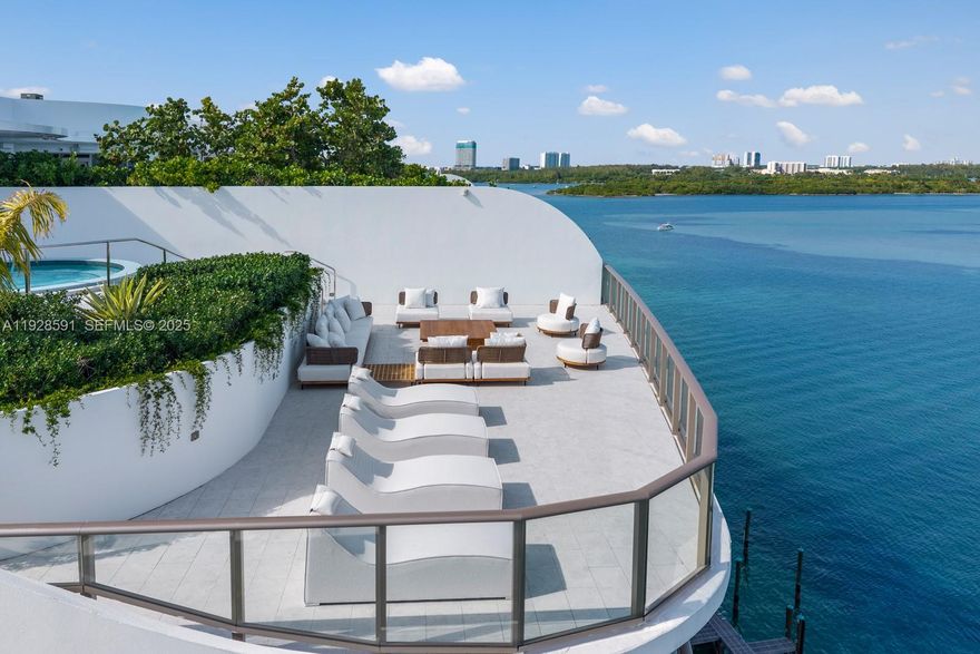 Step Inside With Me! Debuting this bayfront penthouse at the newly constructed Onda Residences in Bay Harbor Islands. Offering a boutique lifestyle, this two-story sky home showcases 5 bedrooms + office and media room across 5,073 SF of interiors per developer floor plan. A private foyer opens to the sunlit grand living room, where floor-to-ceiling glass frame sweeping blue water views. The Miele-appointed kitchen features an expansive eat-in island accented by white oak and a bright dining area. The spacious primary suite showcases a marble-draped bath with a spacious dressing room including a vanity area. Outdoors, find 2,126 SF of terraces crowned by a private rooftop plunge pool + sun deck ideal for al fresco entertaining. Privacy, panoramic vistas, & resort-caliber amenities define this exceptional Bay Harbor Islands retreat—just minutes from Bal Harbour Shops. Inquire for dock availability.