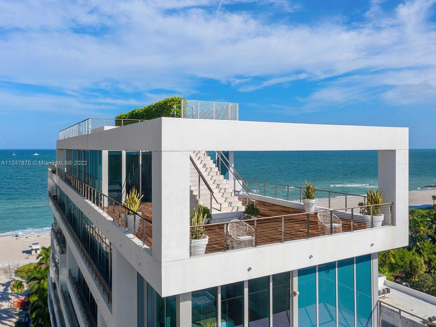 This extraordinary oceanfront penthouse sits atop an exquisitely intimate boutique property with only eight multimillion dollar units. Encompassing two full floors as well as a rooftop with a private pool, the 5,000 square foot
home offers an additional 5,000 square feet of exterior space. Designed by world-renowned firm Arquitectonica,
with interiors by Italian designer Michele Bonan, the penthouse has yacht-like attention to detail, such as the
joinery in the staircase and the woodwork in the central hall. The master bedroom suite, which occupies an entire
floor, comes with a decadent bathroom and its own extraordinary outdoor spaces. Amenities downstairs include a
serviced beach, residents pool with cabanas, indoor and outdoor lounges, underground garage, and fitness center