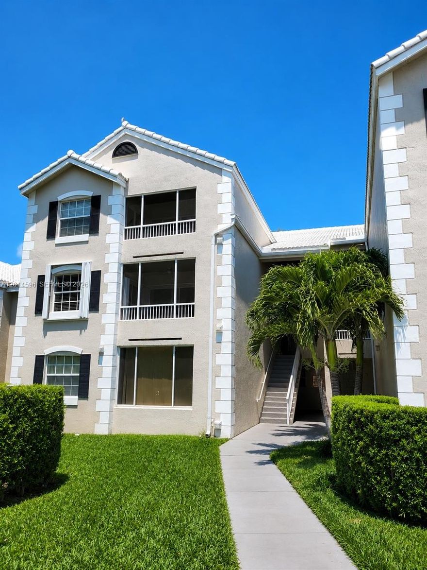 Resort-Style Living – Beautiful 1-Bedroom, 1-Bath 2rd Floor Unit with a Private Screened-In Balcony. Remodeled kitchen and bathroom, concrete floor, spacious closets. Washer and dryer inside the unit. This condo is located in a wonderful community with a beautiful pool and lake view, clubhouse, and fitness center. Fabulous walkways and amenities including 3 swimming pools, 2 gyms, hot tubs, barbecue picnic areas, 4 EV charging stations, vehicle wash stations, and more. 24-hour security patrol.
The property includes a 1 covered garage.