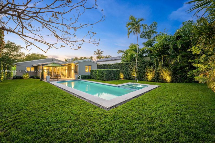 South Beach Deco Stunner! Renovated & ready residence set on an 8,000 Sq.Ft. lot. Minutes from the world-renowned Lincoln Road Mall, Convention Center, Miami Beach Botanical Garden, Sunset Harbour, New World Symphony, & Miami City Ballet. This home offers the perfect blend of tranquility & proximity to Miami Beach’s best dining, shopping, & entertainment, all in the coveted Palm View Neighborhood. Inside find soaring ceilings (almost 17' in great room) real wood French oak floors, & beautiful crown molding that highlight the home’s chic Art Deco character. The thoughtfully updated eat-in kitchen features Bosch appliances, blending modern convenience with timeless style. Boasting Sonos throughout, a custom marble desk with built-in shelving, & period skylight updated with impact glass. Enjoy a thoughtfully designed split floor-plan, where the spacious primary suite occupies a private rear wing of the home, roomy dual closets & direct access to the backyard. Outdoors, the fully gated & walled yard has a heated saltwater lap pool & jacuzzi, framed by a 10' hedge & lush landscaping for total privacy. A pergola & patio create an inviting space for outdoor entertaining. This easy-living one-story offers a separate laundry room with sink, a garage with impact door & epoxy floor finishes, with direct access from the garage to the kitchen, & a gorgeous fireplace. Your chance to enjoy an exceptional Miami Beach Lifestyle. This home is everything you're looking for, no headaches here!