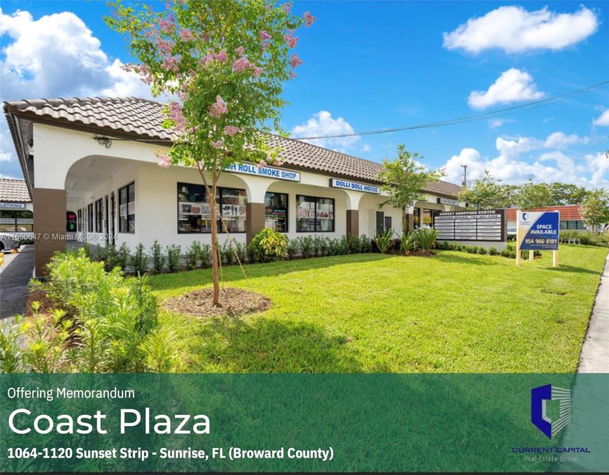 Current Capital is pleased to offer the rare opportunity to acquire the Coast Plaza Portfolio, comprising of 20 folios, this neighborhood retail center portfolio spans across 1.17 acres and boasting approximately 242 feet of frontage on Sunset Strip in Broward County. Constructed in 1980 and completely rehabbed in 2024, the Portfolio consists of approximately 15,638 square feet of rentable space, centrally located within the Broward County submarket in Sunrise. The Portfolio is currently 100 percent occupied with a diverse mix of local businesses from a variety of industries, providing a “one-stop shop” for the many residents of Sunrise.