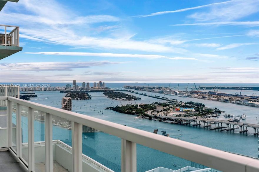 Soak in sunrise and sunset views from this 50th-floor corner Penthouse right on the water with over 1,900sqft of living space. This 3 bed, 2.5 bath Penthouse features wrap-around balconies, floor-to-ceiling glass, beautiful bay and city views, and an open layout. Located in a prime spot where you're easy to get everywhere—Midtown, Downtown, and the Beaches. Building includes 2 swimming pools, 2-story fitness center, theater room, valet, and dedicated parking.